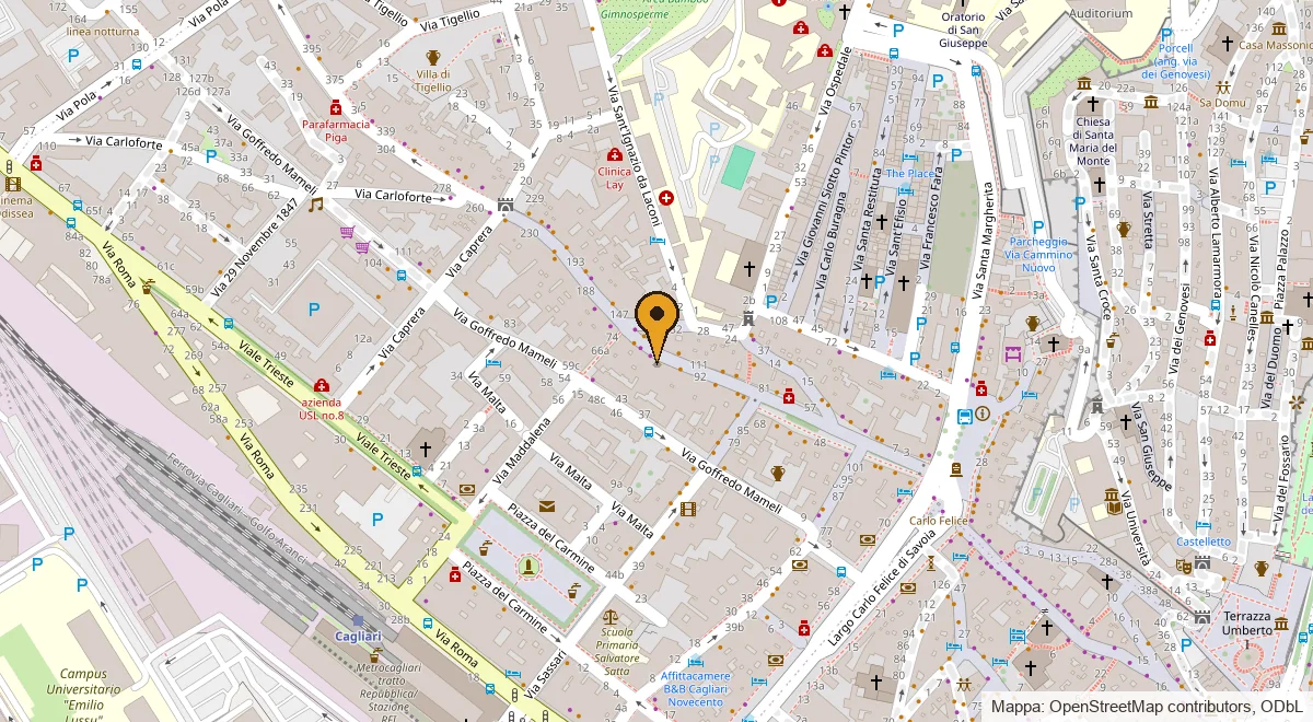 Mappa del centro di Cagliari con il segnaposto del Foghorn's in Corso Vittorio Emanuele II 124, fra Piazza del Carmine e il quartiere Castello